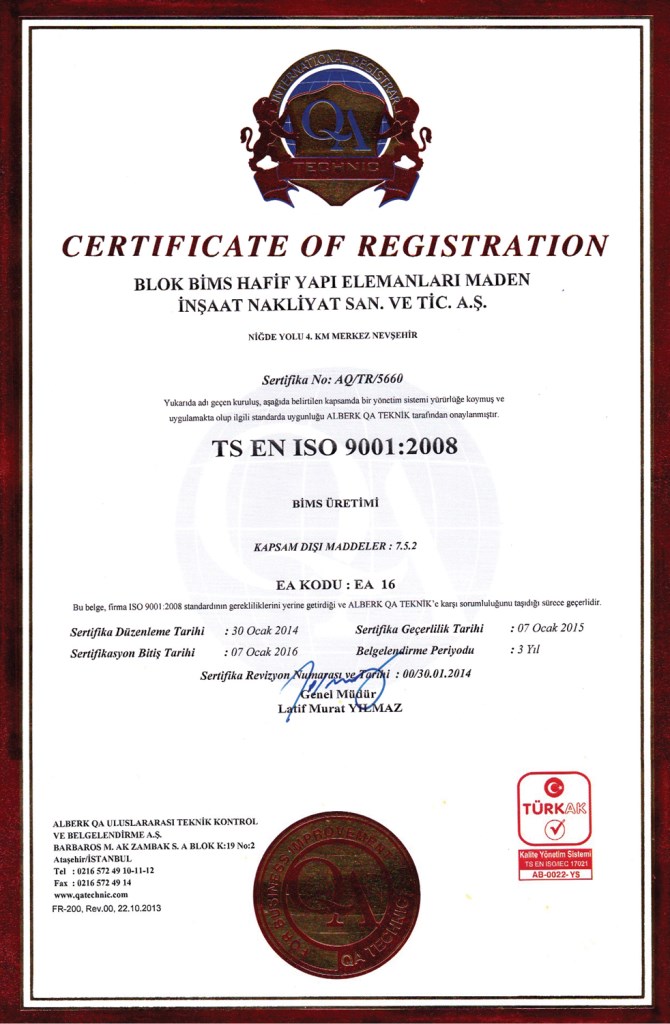 ISO 9001-2008 Kalite Belgesi